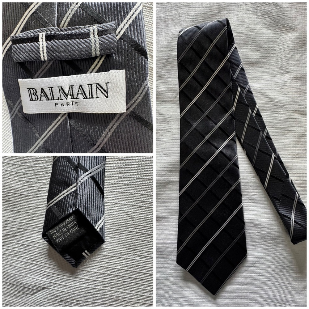 Balmain 100% Silk Elegant Black and Gray Striped Tie